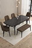 Rovena Flora Siyah Mermer 80x132 Açılabilir Mdf Mutfak Masası Takımı 4 Adet Sandalye+1 Bench