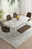 Rovena Eylül Beyaz Mermer 80x132 Açılabilir Mdf Mutfak Masası Takımı 4 Adet Sandalye+1 Bench