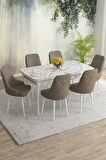 Rovena Eylül Beyaz Mermer 80x132 Açılabilir Mdf Mutfak Masası Takımı 6 Adet Sandalye