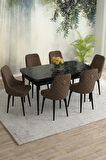 Rovena Eylül Siyah Mermer 80x132 Açılabilir Mdf Mutfak Masası Takımı 6 Adet Sandalye