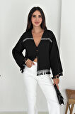Püsküllü Ters Dikiş Bağlamalı Bluz Siyah