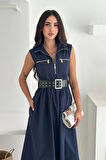 Paraşüt Kumaş Kemerli Elbise Lacivert