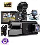 Siyah 1080p Araç içi 3 Kameralı Lcd Ekranlı Gece Görüşlü , G-sensör , Geri Görüş Kamera - İç Görüş