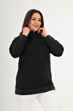 Büyük Beden Yarım Balıkçı Yaka Fermuarlı Geometrik Taş Detaylı Siyah Sweatshirt