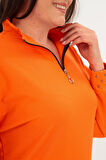 Büyük Beden Yarım Balıkçı Yaka Fermuarlı Geometrik Taş Detaylı Turuncu Sweatshirt
