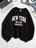 New York Brooklyn 1955 Baskılar Tişörtü Kadın Bisiklet Yaka Rahat Kapüşonlular Gevşek Polar S