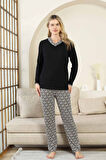 Kadın Düğmesiz V Yaka Siyah Etnik Desenli 3 Düğmeli Likralı Bambu Mevsimlik Uzun Kol Pijama Takımı