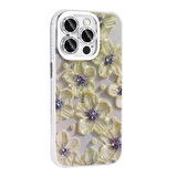 Gpack Apple iPhone 15 Pro Max Kılıf Parlak Taşlı Çiçek Desenli Garden Sert Silikon