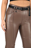 Büyük Beden Toparlayıcı Kemerli Yüksek Bel Boru Paça Deri Kadın Pantolon