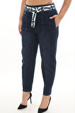 Büyük Beden Mom Kemerli Yüksek Bel Denim Kadın Pantolon