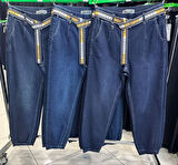 Büyük Beden Mom Kemerli Yüksek Bel Denim Kadın Pantolon