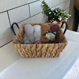 T. Concept Dekoratif Metal Kulplu Hasır Sepet,  Düzenleme, Banyo, Çiçek Sepeti, 33x33x15cm