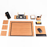 Fantom 10 Parça Ahşap Desenli Ofis Deri Sümen Takımı ve Kristal Masa İsimliği Sümen Seti ve İsimlik