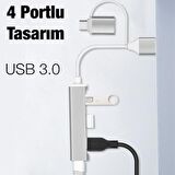 Coofbe Type-C + USB Girişli 4in1 Çevirici Adaptör, 3x USB 3.0 Çevirici HUB Tak Çalıştır Adaptör