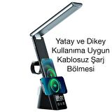 Coofbe Kablosuz Masaüstü Şarj Standı Dijital Saatli Led Işıklı Katlanabilir Çalışma Masa Lambası Gece Lambası