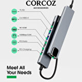 Corcoz 8in1 USB Type-C Hub Port Adaptör 4K HDMI USB Ethernet 100W PD Girişli Macbook Çevirici Hub Adaptör - CZ56