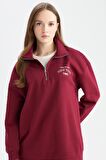 Regular Fit Fermuarlı Dik Yaka Baskılı İçi Yumuşak Tüylü Kalın Kumaş Sweatshirt Tunik