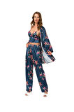 Kadın Lacivert Çiçek Desenli Saten 3 lü Pijama Takımı