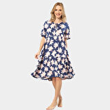 Türen Yaprak Desenli Kısa Kollu Elbise 3354/Lacivert