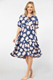 Türen Yaprak Desenli Kısa Kollu Elbise 3354/Lacivert