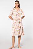Türen Yaprak Desenli Kısa Kollu Elbise 3354/Pudra