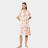 Türen Yaprak Desenli Kısa Kollu Elbise 3354/Pudra