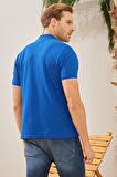 Erkek İntersiye Yaka Detaylı Pamuklu Polo Yaka Tişört Mavi