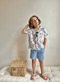 ERKEK ÇOCUK YAPRAK DESENLİ MUSLİN ŞORTLU GÖMLEKLİ PAMUK TAKIM