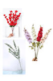 Lüks Yapay Çiçek Aranjman Seti – 1 Adet Okaliptus Dalı + 3 Adet Delphinium Çiçeği + 7 Dallı Kırmızı Bahardalı Demeti