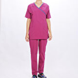Kadın SPA  Hemşire Scrubs  Takım Likralı Terry Cotton Fuşya-İndigo Biyeli