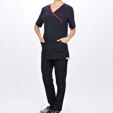 Kadın SPA  Hemşire Scrubs  Takım  Likralı Terry Cotton Lacivert-Bordo Biyeli
