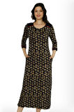 Kadın Siyah Desenli Truvakar Kollu Pamuklu Cepli Elbise