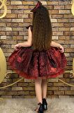 Kız Çocuk Mix Color Tül Detaylı Belden Bağlamalı Bordo Abiye