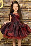Kız Çocuk Mix Color Tül Detaylı Belden Bağlamalı Bordo Abiye