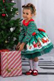 Kız Çocuk Bebe Yakalı Kare Desenli Noel Baskılı Taçlı Yeşil Elbise 2-8Yaş