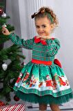Kız Çocuk Bebe Yakalı Kare Desenli Noel Baskılı Taçlı Yeşil Elbise 2-8Yaş