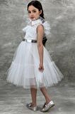 Kız Çocuk Gömlek Yaka Göğsü Ve Kolları Tül Detaylı Wednesday Beyaz Elbise