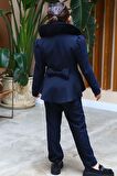 Kız Çocuk Yakası Fırfırlı Kloş Ceket, Lacivert Alt Üst Takım