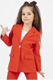 Kız Çocuk Sevimli Baskı Detaylı Fitilli Bluz Kaşkorse Blazer Ceket Turuncu Alt Üst Takım