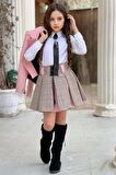 Kız Çocuk Blazer Ceket, Kravat Çizgili Pembe Etekli Takım