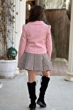 Kız Çocuk Blazer Ceket, Kravat Çizgili Pembe Etekli Takım