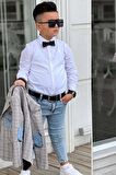 Erkek Çocuk Çizgili Blazer Ceket Kot Pantolon Gri Alt Üst Takım
