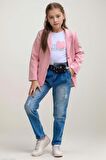 Kız Çocuk Kalp ve Little Baskılı Tişört ve Jean Pudra Blazer Ceket Alt Üst Takım