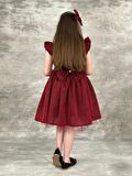 Kız Çocuk Omzu Fırfırlı Parıldayan Bordo Elbise