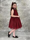 Kız Çocuk Omzu Fırfırlı Parıldayan Bordo Elbise