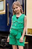 Kız Çocuk Düğme ve Cep Detaylı Kolsuz Yelek Penye Bluz Yeşil Şortlu Takım