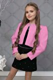 Kız Çocuk Üzeri Taş İşlemeli Etek Askılı Penye Bluz ve Pembe Blazer Ceket Etekli Takım