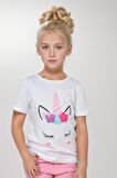 Kız Çocuk Unicorn Baskılı Tişört Boncuk İşlemeli Pembe Pantolon Alt Üst Takım