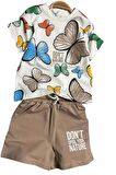 Kız Çocuk Kelebek Desenli Kısa Kollu Kahverengi Şortlu Takım