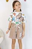 Kız Çocuk Kelebek Desenli Kısa Kollu Kahverengi Şortlu Takım
